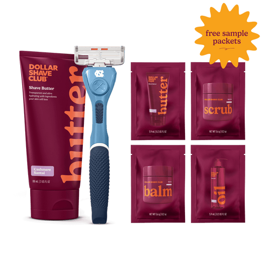 UNC Starter Parck with handle, shave butter, and four shave aid samples