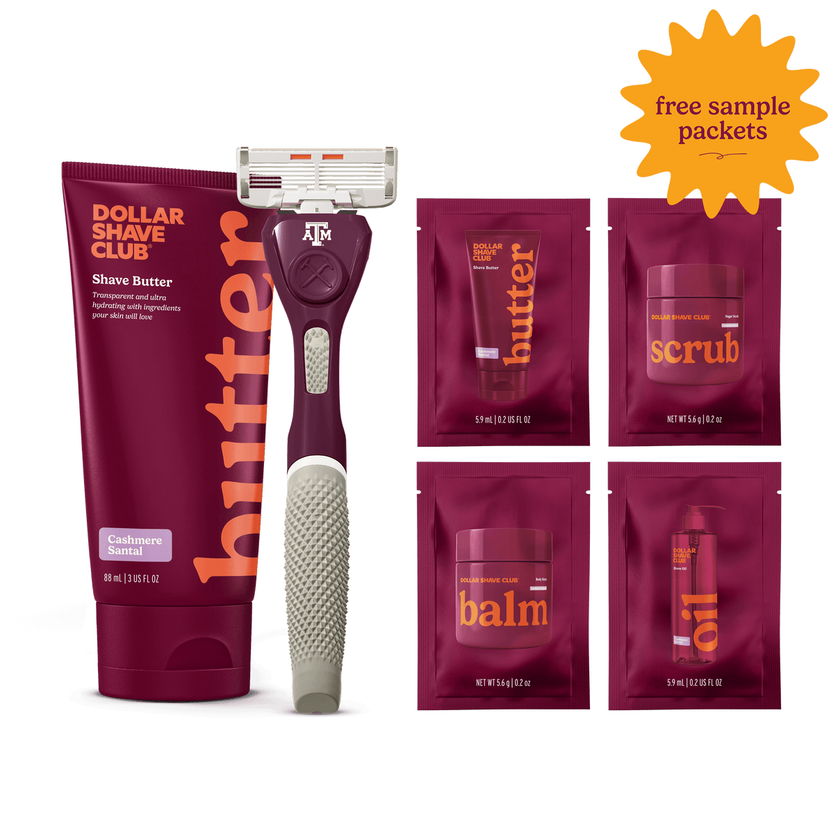 Texas A&M Starter Set with handle, shave butter, and four shave aid samples