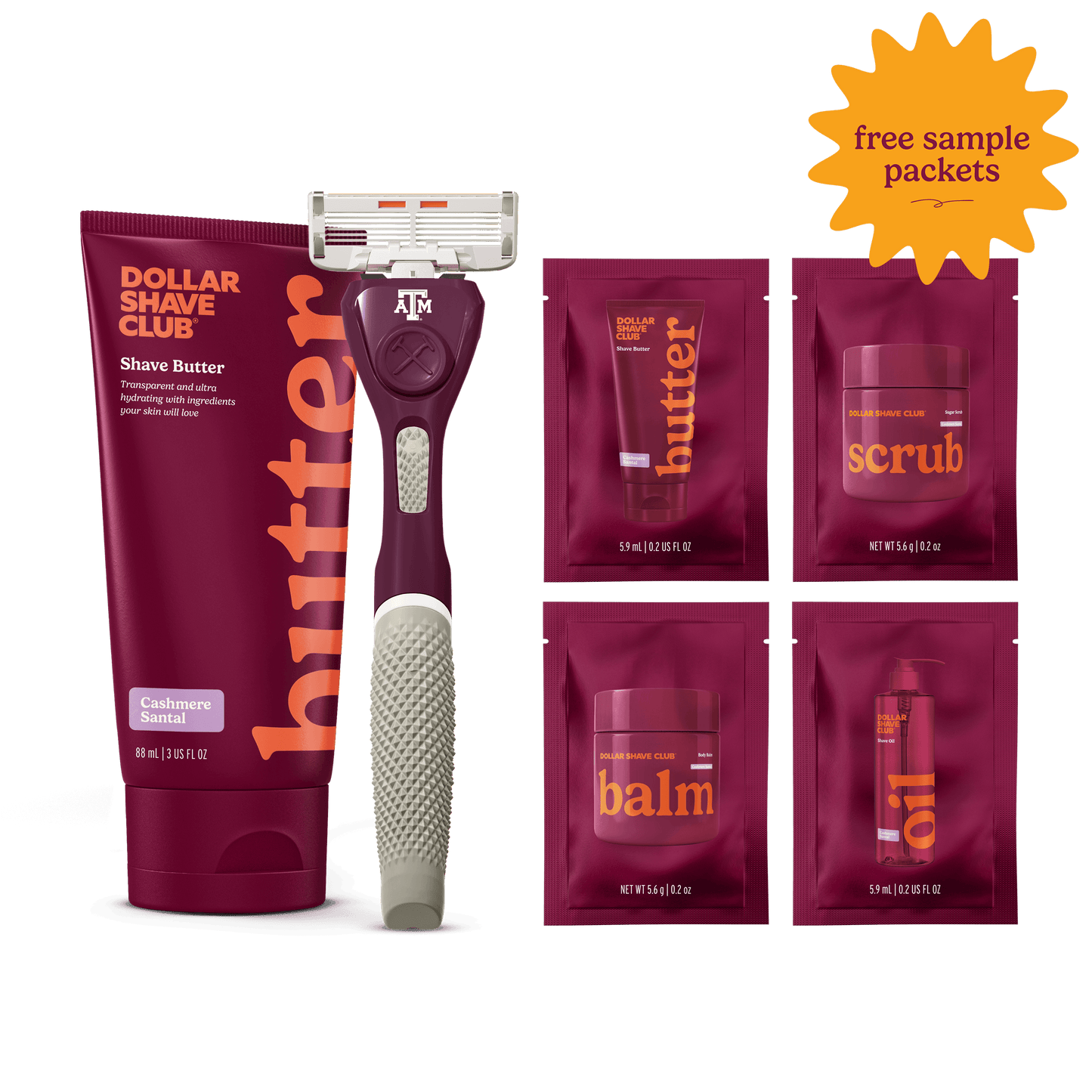 Texas A&M Starter Set with handle, shave butter, and four shave aid samples