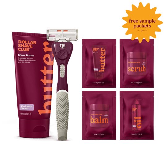 Texas A&M Starter Set with handle, shave butter, and four shave aid samples