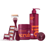 Dollar Shave Club grooming products including a razor, scrub, and shave oil on a black background.