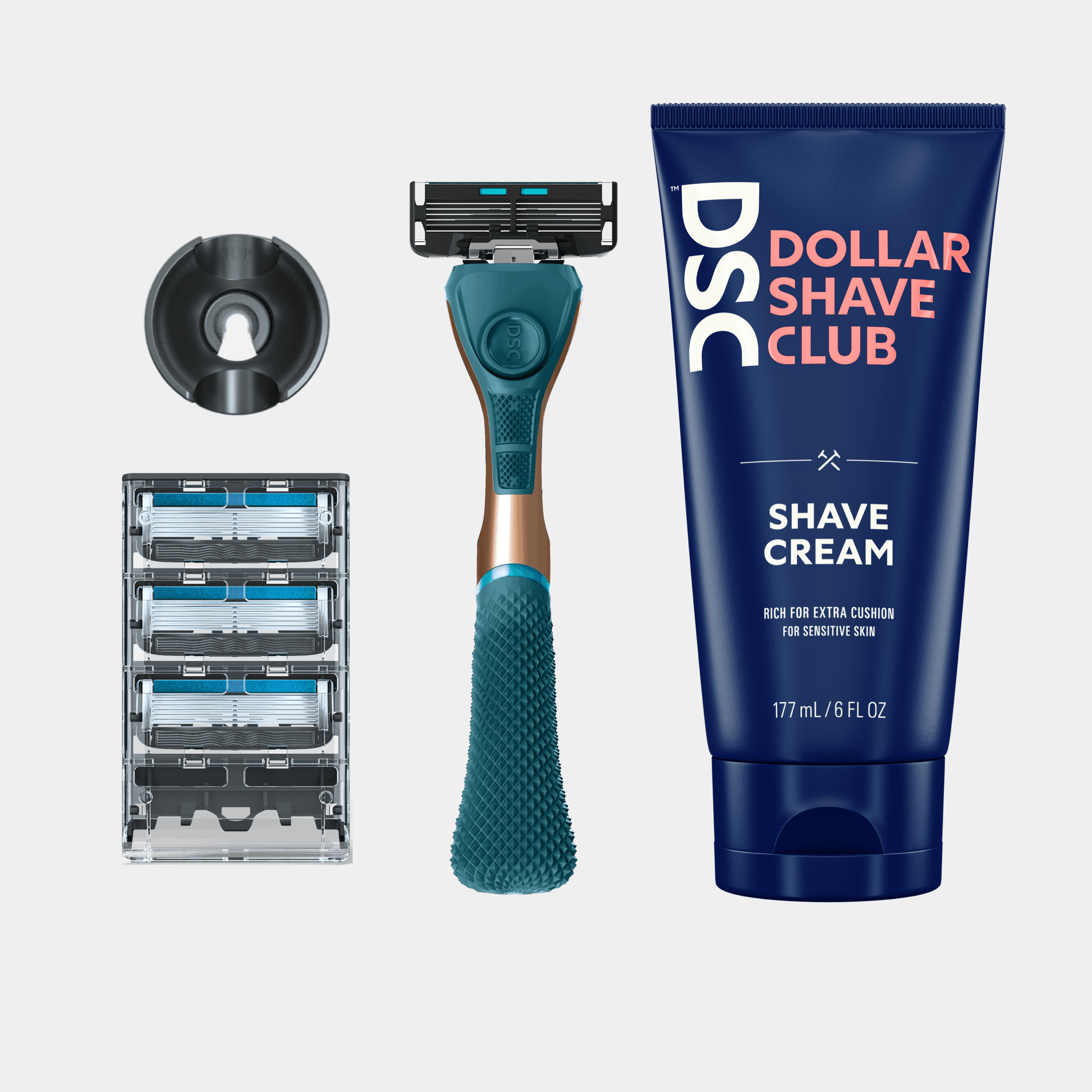 Body shaver handle, 4 blade razor, shower hanger, and shave cream against white background.