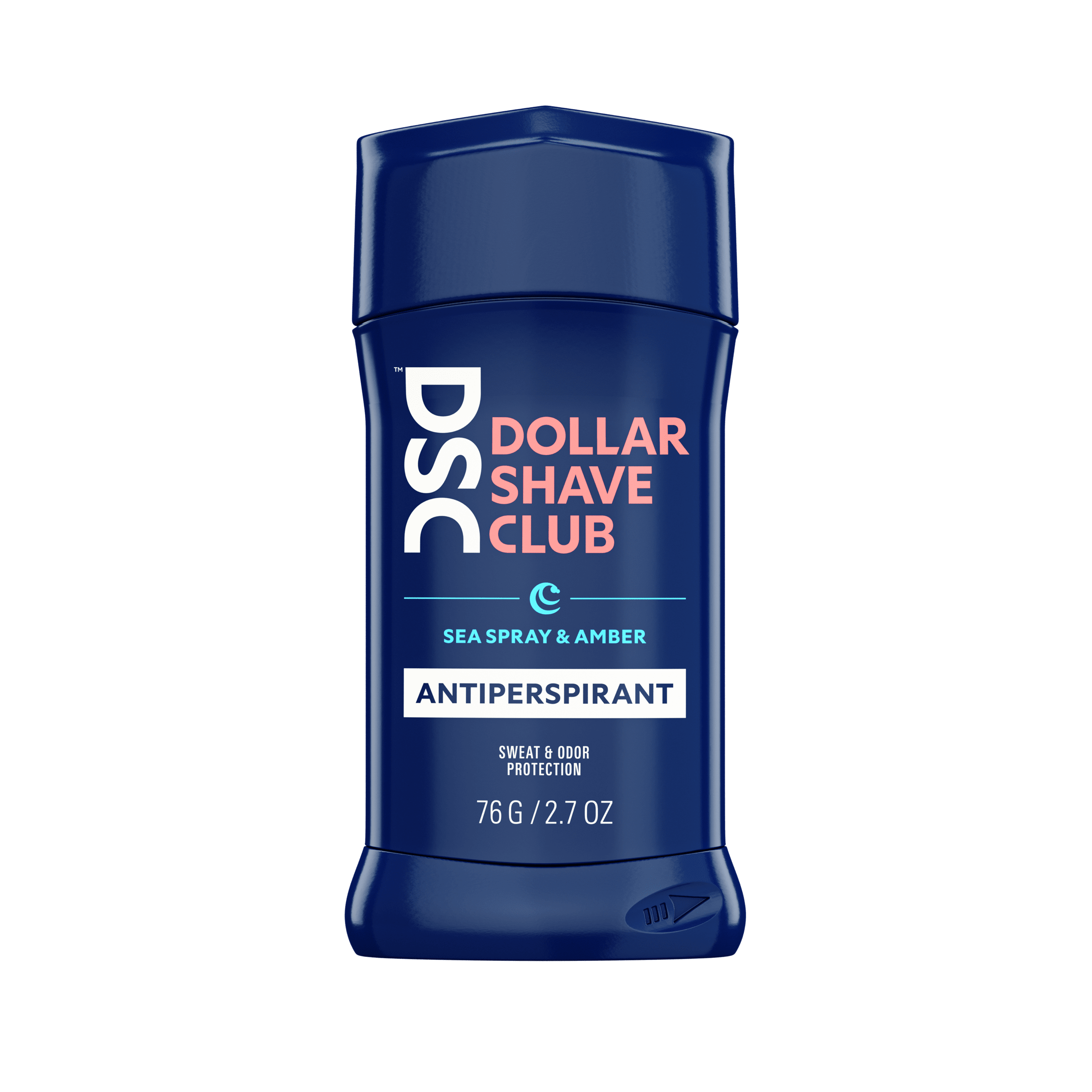 Dollar Shave Club Antiperspirant Sea Spray Amber against blank backdrop.