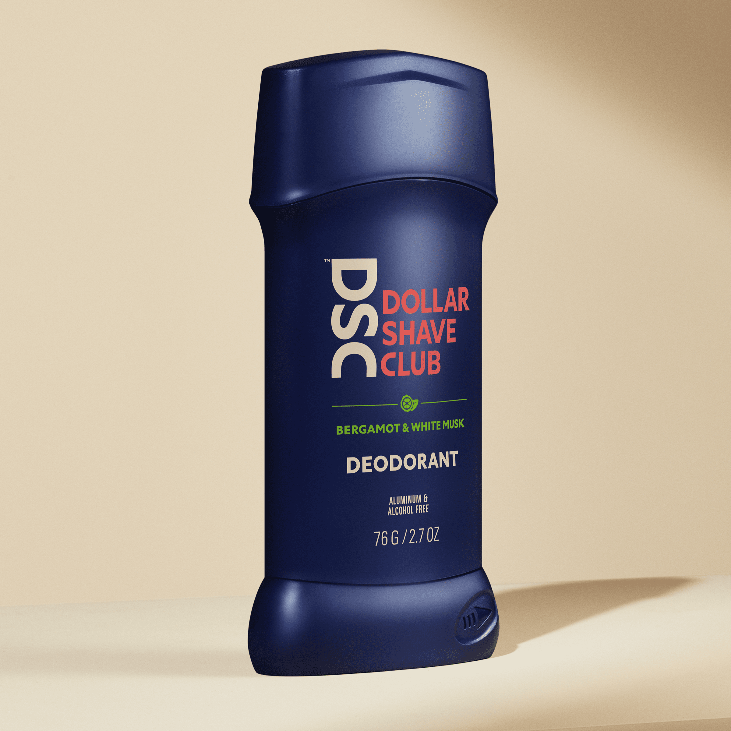 Dollar Shave Club Deodorant Bergamot White Musk against tan backdrop.