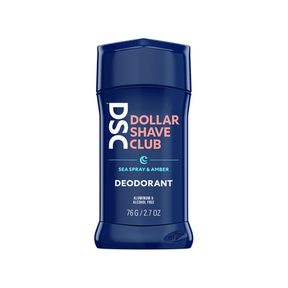 Dollar Shave Club Deodorant Sea Spray Amber against blank backdrop.