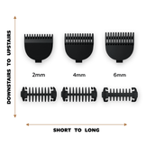 Dollar Shave Club Double Header Electric Trimmer Body Head Replacement comes with blades in size 2mm, 4mm, and 6mm.