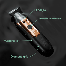 Dollar Shave Club Double Header Electric Trimmer features LED light, travel lock function, diamond grip and waterproof exterior.