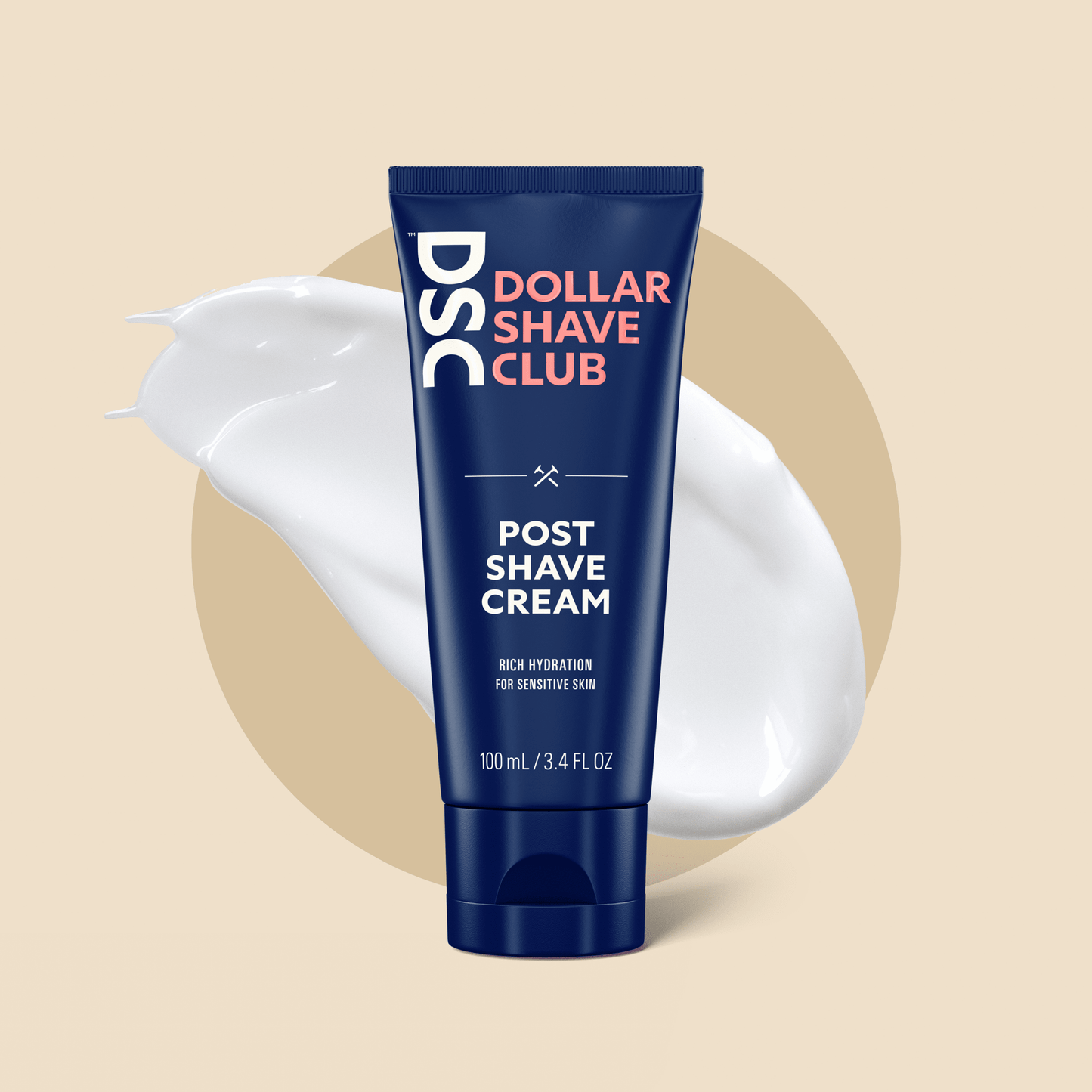 Dollar Shave Club Post Shave Cream bottle over a swatch of the cream.