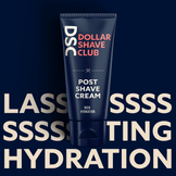 Dollar Shave Club Post Shave Cream over a blue background with "Lasting Hydration" in the background.