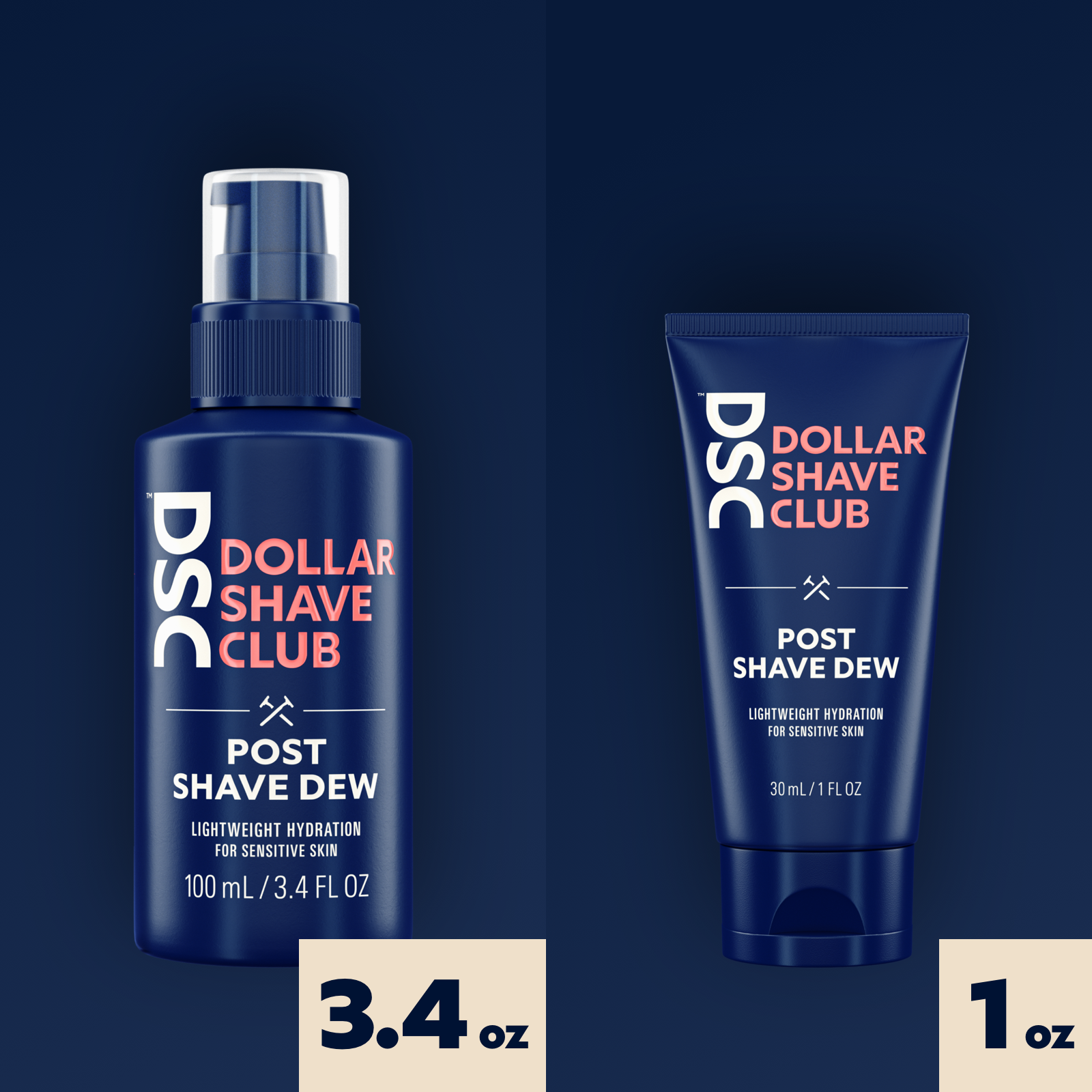 Dollar Shave Club Post Shave Dew trial size product versus full size product.