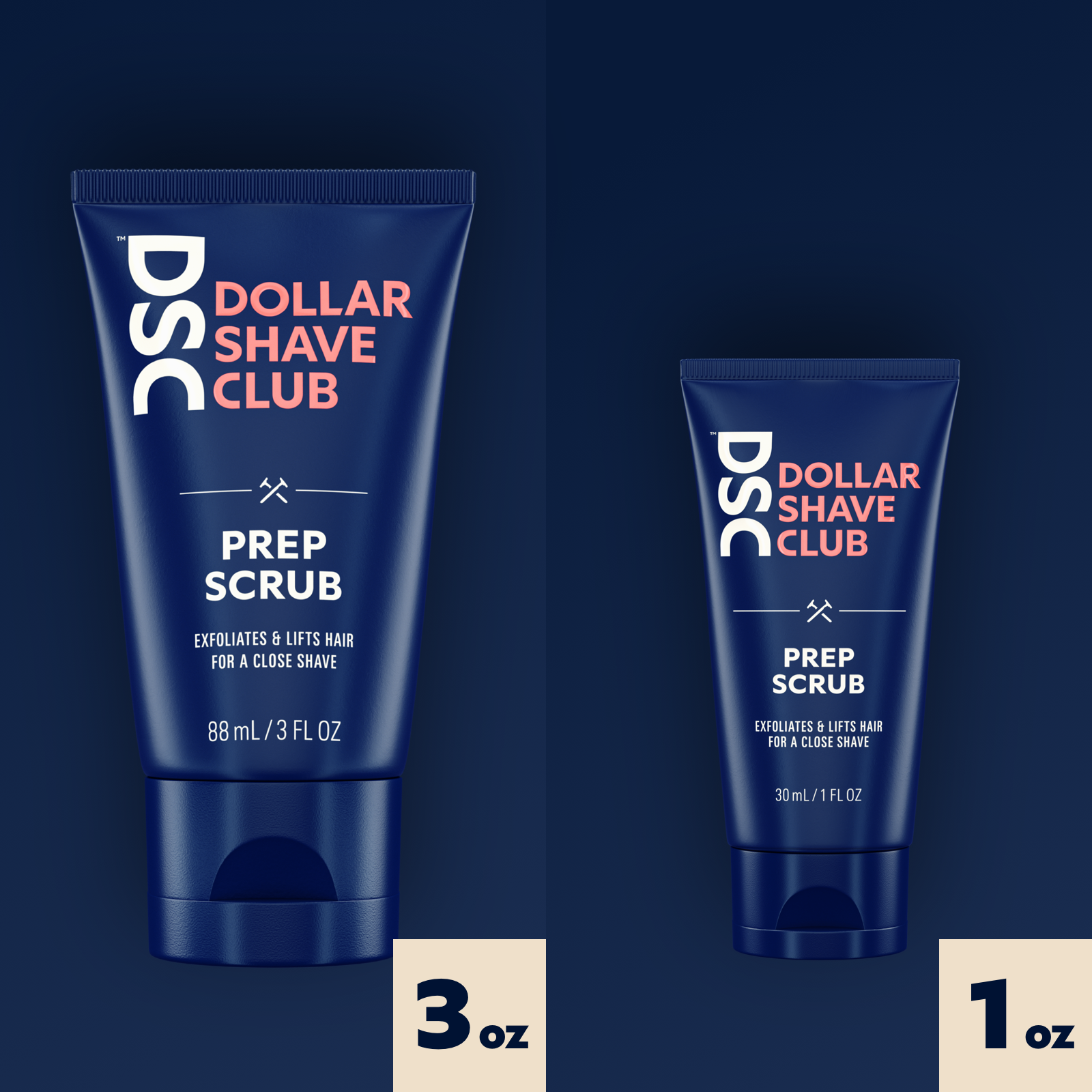 Dollar Shave Club Prep Scrub trial size product versus full size product.