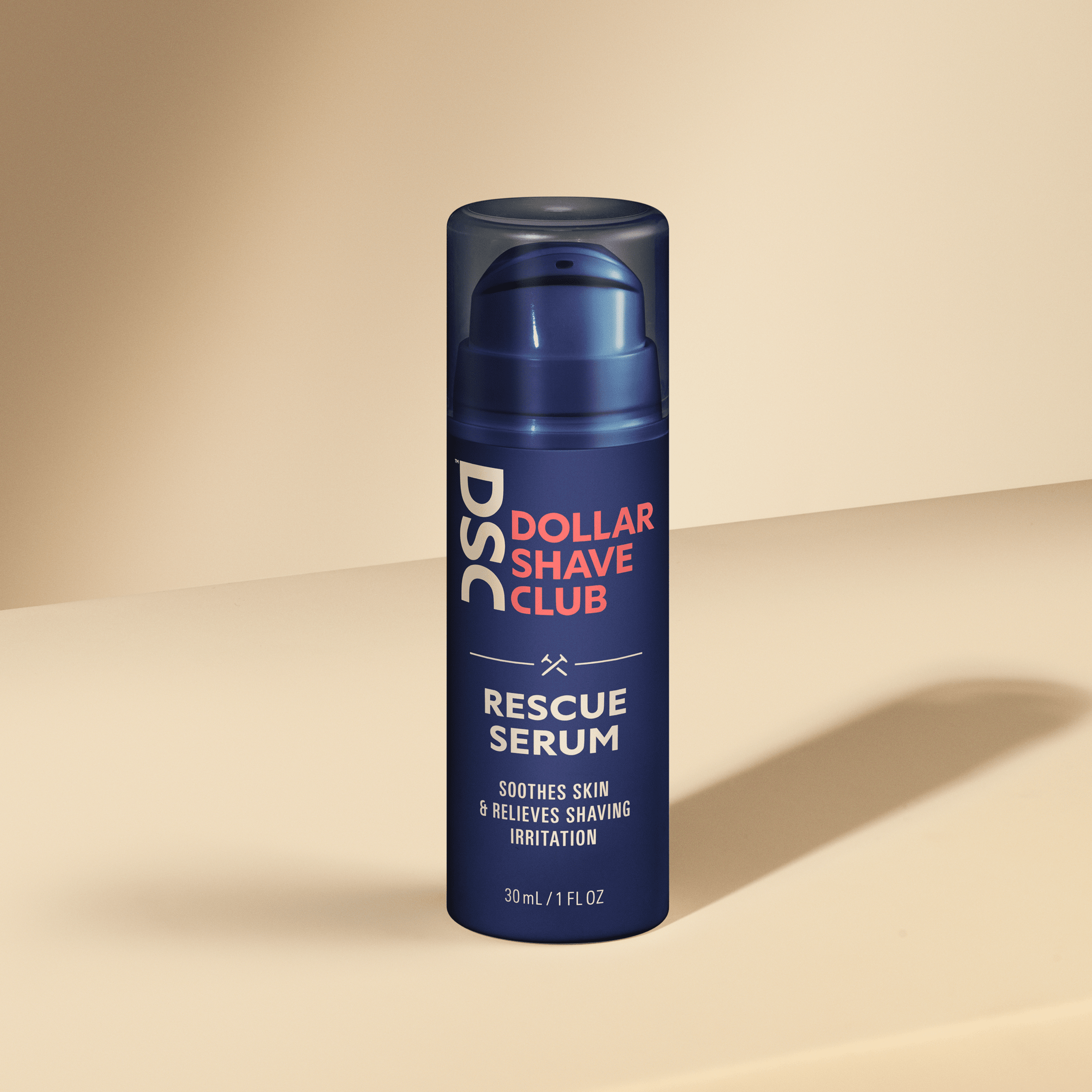 Dollar Shave Club Rescue Serum product image against tan backdrop.