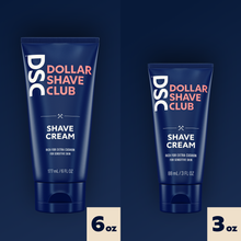 Dollar Shave Club Shave Cream trial size product versus full size product.