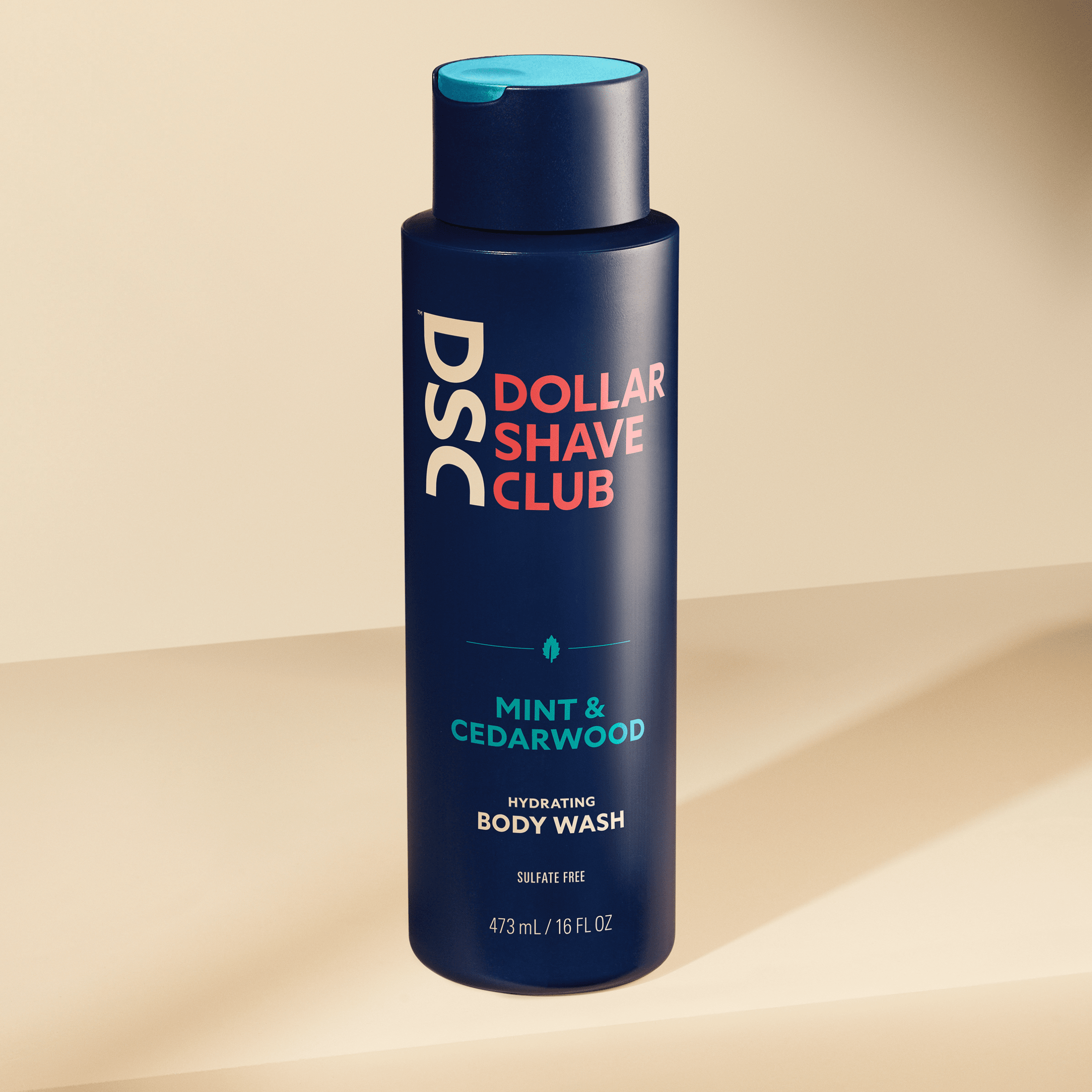 Dollar Shave Club Whole Body Wash Mint Cedarwood against tan backdrop.