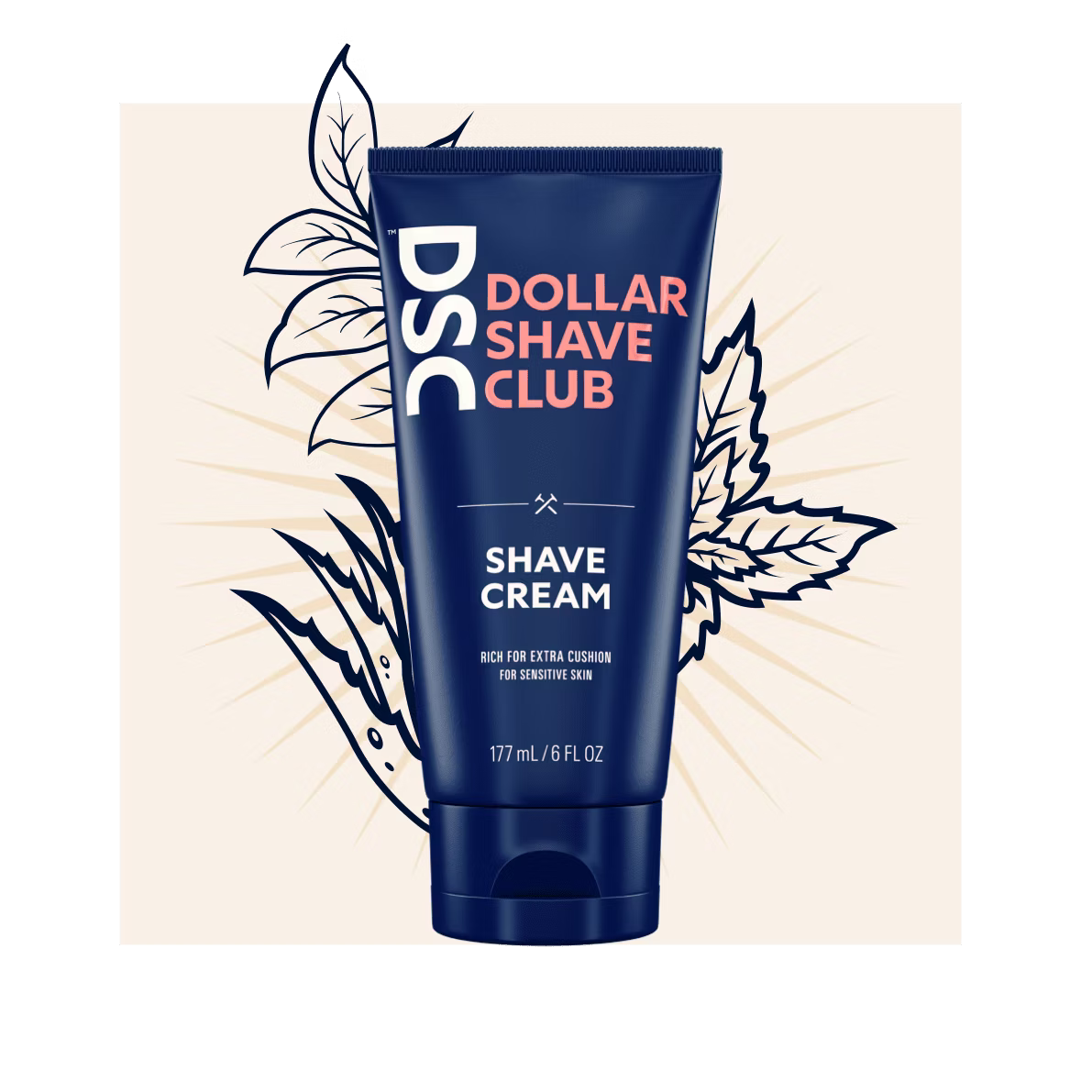 DSC Shave Cream with leaf drawings behind it, over a light beige background. 