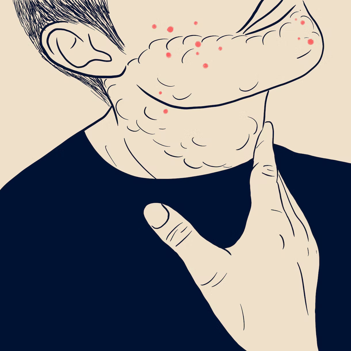 illustration of a man rubbing his neck with acne on his face