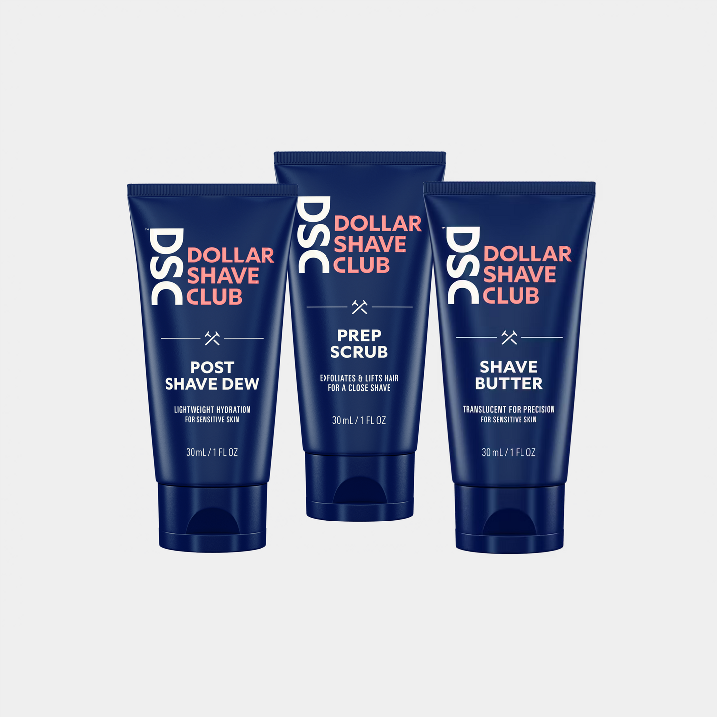 A set of 3 1 oz trial size shave aids against a white background.