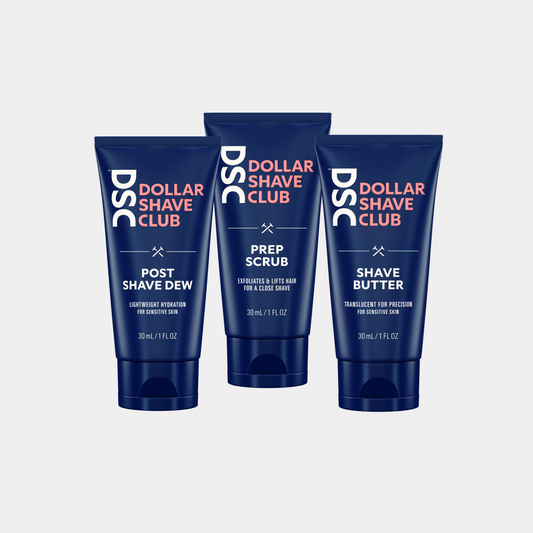 A set of 3 1 oz trial size shave aids against a white background.